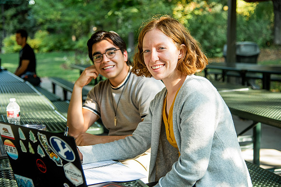 Students studying in the Ricks gardens.