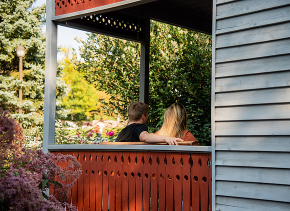 Students socializing in the Ricks Gardens