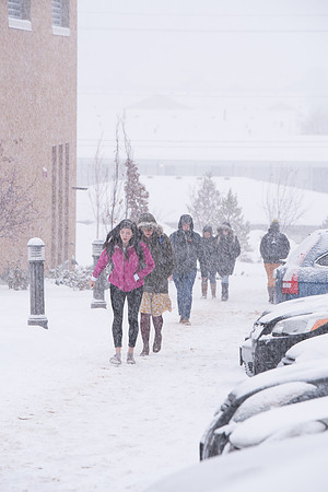 Scenes and students on campus on a snowy morning.