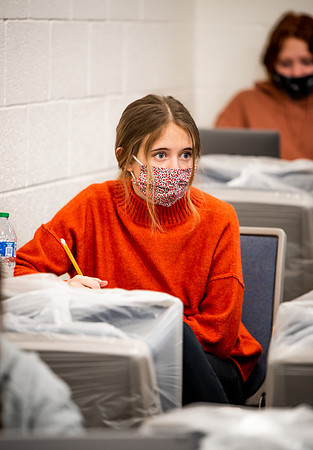 BYUI classes in the religion department meeting during Covid-19 with masks and social distanced seating.