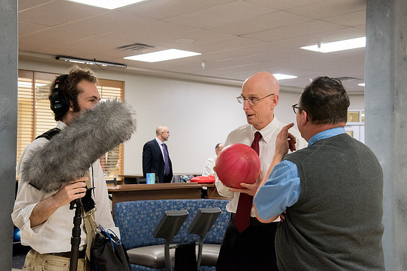 Behind the scenes pictures of AV Production team filmed President Eyring devotional promo video.