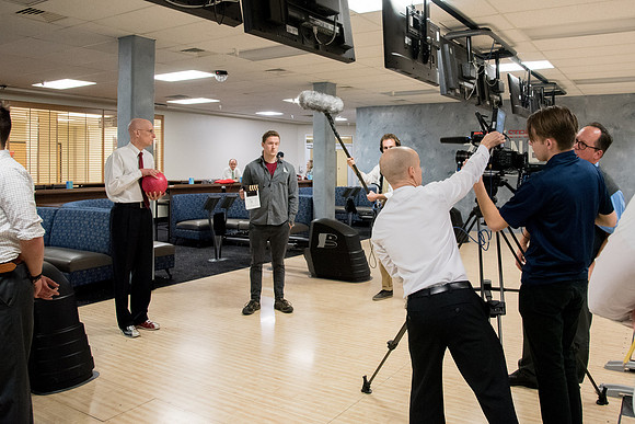 Behind the scenes pictures of AV Production team filmed President Eyring devotional promo video.