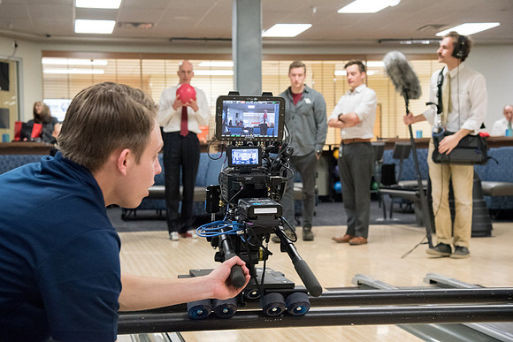 Behind the scenes pictures of AV Production team filmed President Eyring devotional promo video.