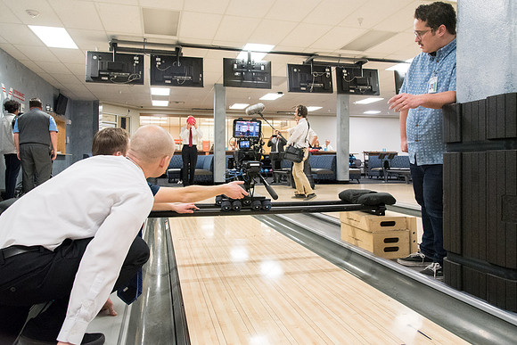 Behind the scenes pictures of AV Production team filmed President Eyring devotional promo video.