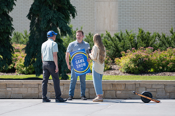 Admissions hosts a game show in the Taylor Quad. Video team behind the scenes.