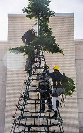 The BYU-Idaho ground keeping crew set up a christmas tree in front of the Taylor chapel. Fall Semester.