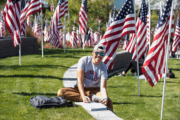 500 flags displayed in the Central Quad on Constitution Day.
