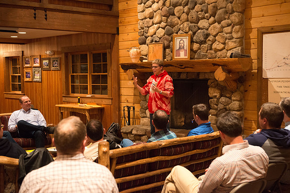 Retreat for teachers at the Sky Mountain Lodge in Victor, Idaho. Participants share a favorite book.