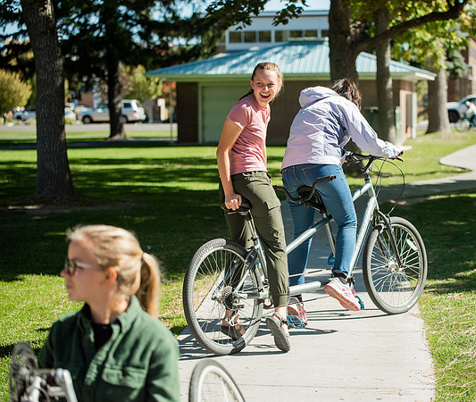 A BYUI therapeutic recreation class rides adaptive bicycles in Porter park during the fall 2021 semester.