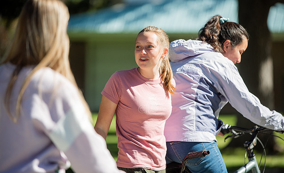 A BYUI therapeutic recreation class rides adaptive bicycles in Porter park during the fall 2021 semester.