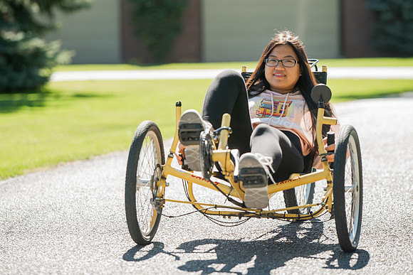 A BYUI therapeutic recreation class rides adaptive bicycles in Porter park during the fall 2021 semester.