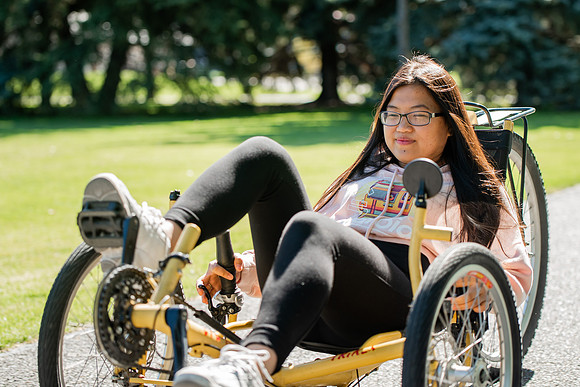A BYUI therapeutic recreation class rides adaptive bicycles in Porter park during the fall 2021 semester.