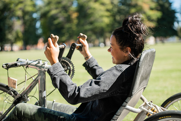 A BYUI therapeutic recreation class rides adaptive bicycles in Porter park during the fall 2021 semester.