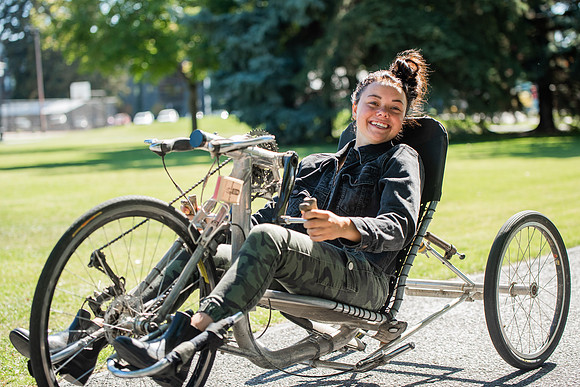 A BYUI therapeutic recreation class rides adaptive bicycles in Porter park during the fall 2021 semester.