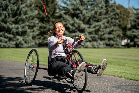 A BYUI therapeutic recreation class rides adaptive bicycles in Porter park during the fall 2021 semester.