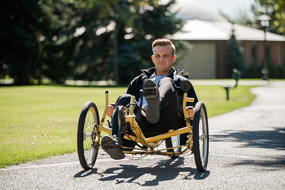 A BYUI therapeutic recreation class rides adaptive bicycles in Porter park during the fall 2021 semester.
