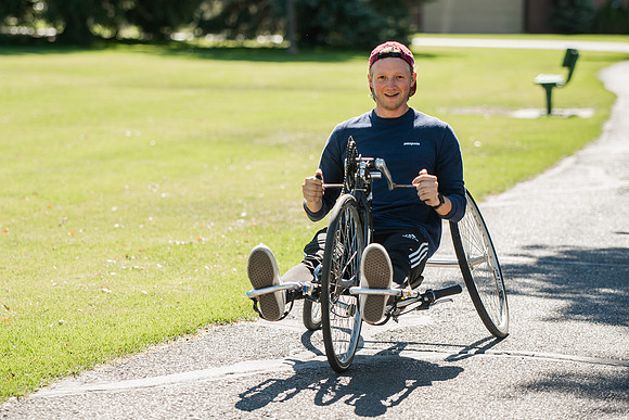 A BYUI therapeutic recreation class rides adaptive bicycles in Porter park during the fall 2021 semester.