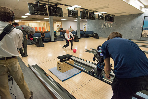 President and Sister Eyring have fun making a video in the bowling alley in preparation for their devotional Winter semester.
