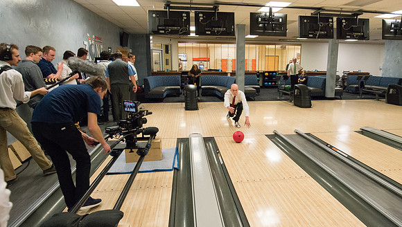 President and Sister Eyring have fun making a video in the bowling alley in preparation for their devotional Winter semester.