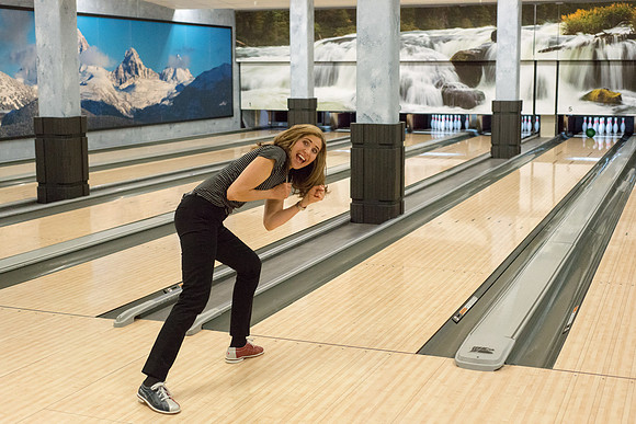 President and Sister Eyring have fun making a video in the bowling alley in preparation for their devotional Winter semester.