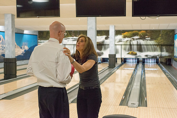 President and Sister Eyring have fun making a video in the bowling alley in preparation for their devotional Winter semester.