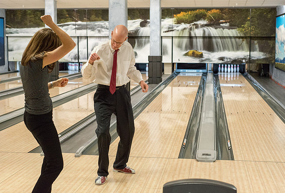President and Sister Eyring have fun making a video in the bowling alley in preparation for their devotional Winter semester.
