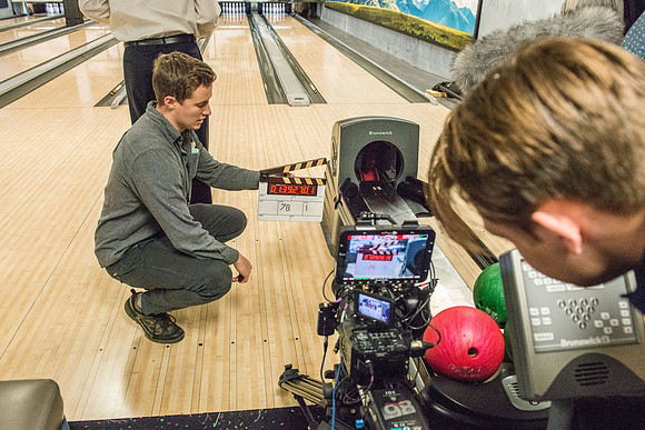 President and Sister Eyring have fun making a video in the bowling alley in preparation for their devotional Winter semester.