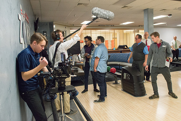 President and Sister Eyring have fun making a video in the bowling alley in preparation for their devotional Winter semester.