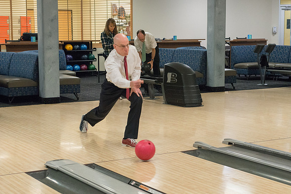 President and Sister Eyring have fun making a video in the bowling alley in preparation for their devotional Winter semester.