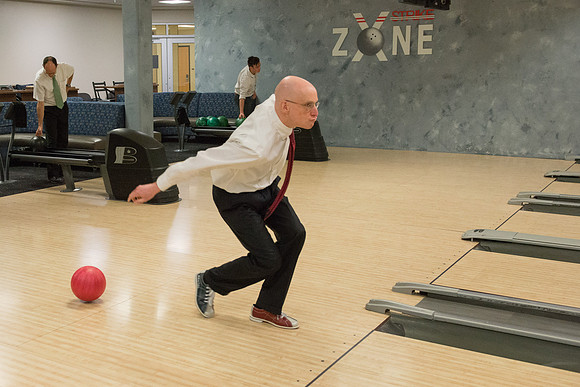 President and Sister Eyring have fun making a video in the bowling alley in preparation for their devotional Winter semester.
