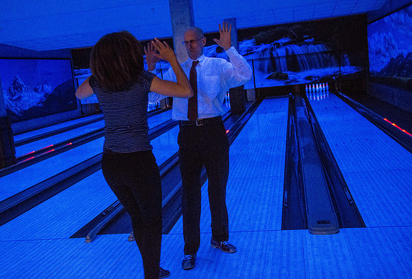 President and Sister Eyring have fun making a video in the bowling alley in preparation for their devotional Winter semester.