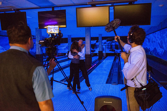 President and Sister Eyring have fun making a video in the bowling alley in preparation for their devotional Winter semester.