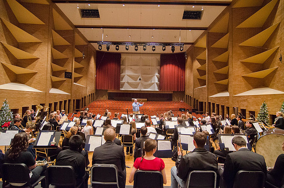 Students participate in University Band. They preformed in the Ruth Barrus concert hall.