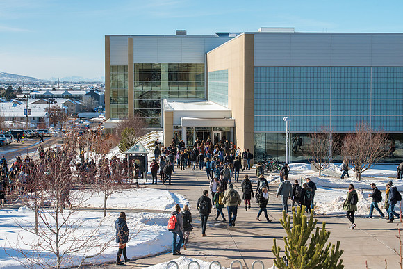 Students on campus on their way to the first devotional of Winter semester at BYU-Idaho.