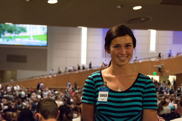 Students gather to listen to President and Sister Clark talk in the i-Center for the first devotional of the semester.