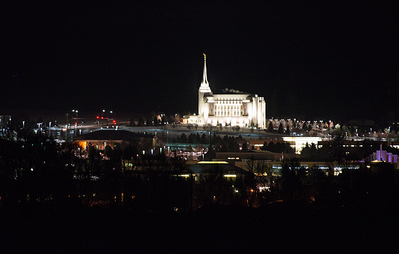 A light On a Hill over looking the city of Rexburg the temple can easily be seen from over 5 miles out of town in almost any direction. View from North Rexburg.