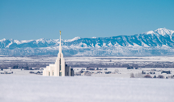 Rexburg Temple with the Lemhi Mountains in the distance.