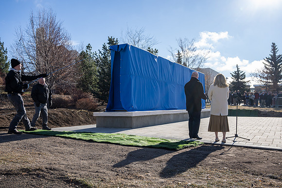 Unveiling of a new monument on campus: BYUI letters just below the Taylor Quad.