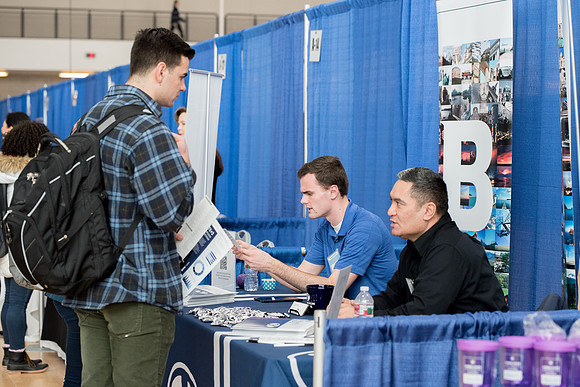 BYU-Idaho students attend the career fair. Students can find potential jobs and internships for their prospective majors at the fair.