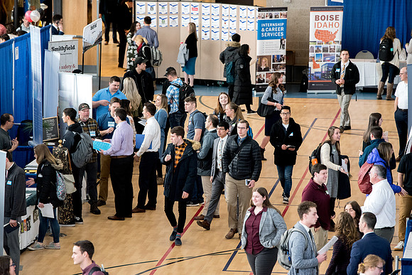 BYU-Idaho students attend the career fair. Students can find potential jobs and internships for their prospective majors at the fair.