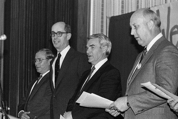 V.P. Mack Shirley Elder Henry B. Eyring, President Joe J. Christensen, and Paul Kelly Alumni and Friends