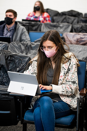 BYUI classes in the religion department meeting during Covid-19 with masks and social distanced seating.