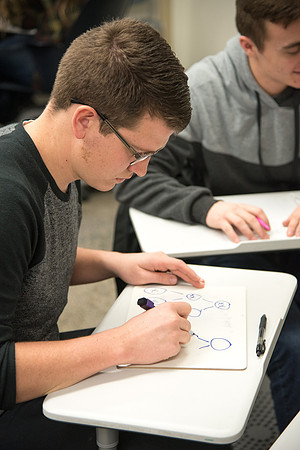 Group problem-solving in Brother Kelson's biology class.