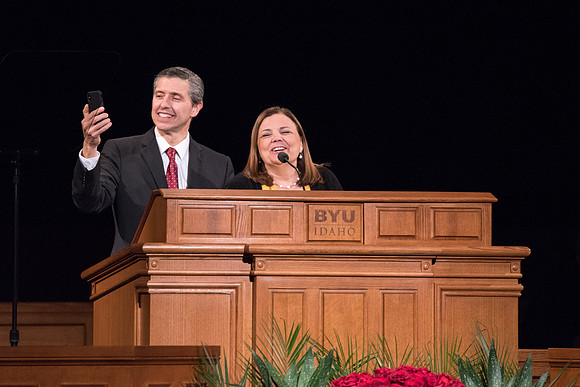 Elder Joaquin E. Costa and Sister Renee Costa speaks at the devotional.