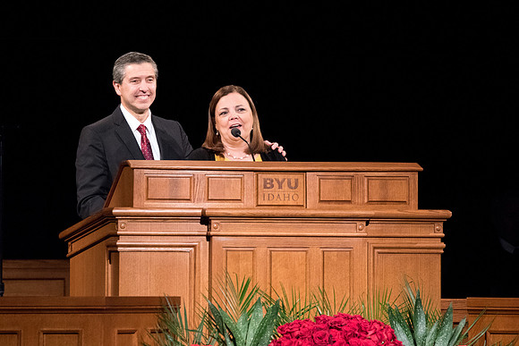 Elder Joaquin E. Costa and Sister Renee Costa speaks at the devotional.
