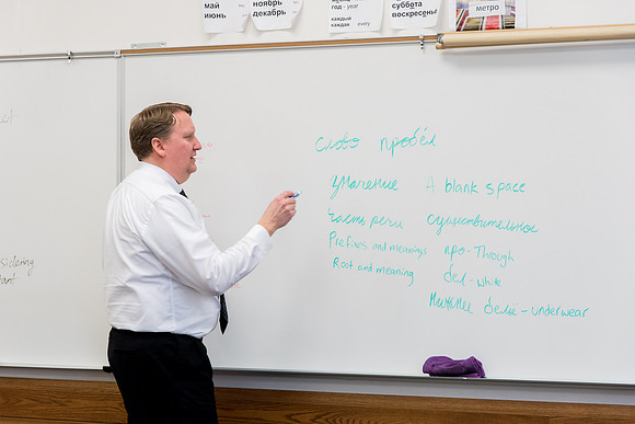 Brother Brian Felt teaches Advanced Russian class.
