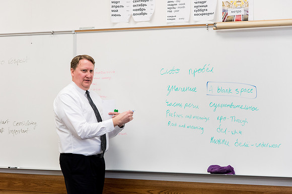 Brother Brian Felt teaches Advanced Russian class.