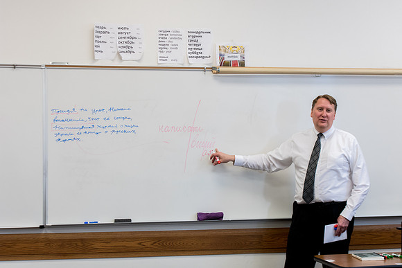 Brother Brian Felt teaches Advanced Russian class.
