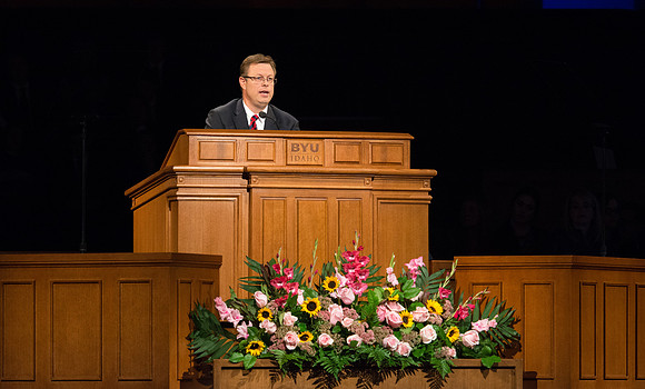 President Gilbert speaks at the first devotional of the Fall 2016 semester.