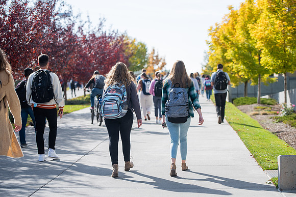 BYUI students go to devotional during spirit week.
